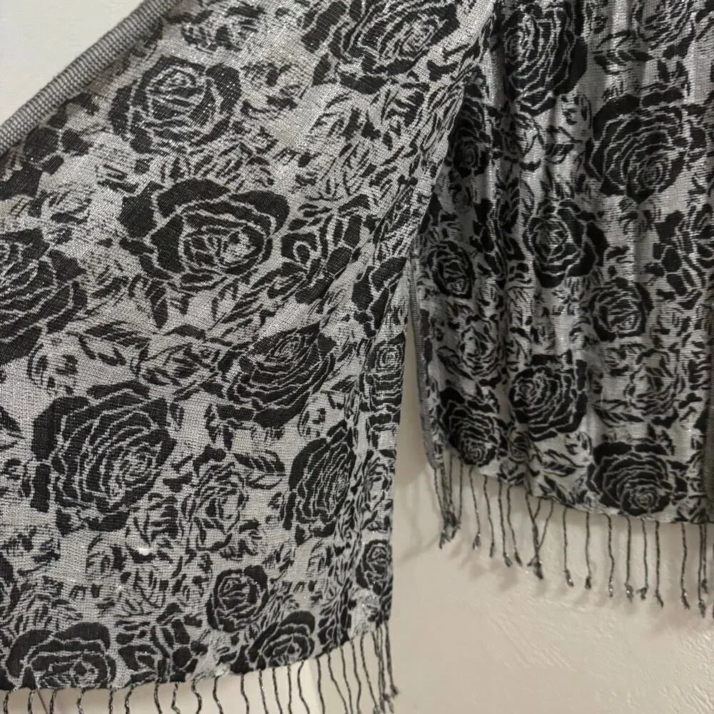 Silver Metallic Black & White Rose Scarf